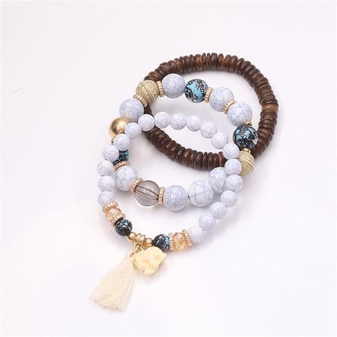 Caiyao Bohemian Stackable Wood Wooden Beads Elephant Charm Tassel Stretchy Bracelet Set for Women Men Girl Boy Teen Multilayered Multicolor Acrylic Resin Seeds Bracelet Ethnic Jewelry Gift in Saudi Arabia