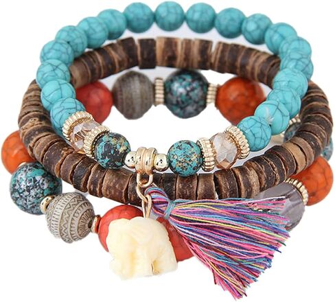 Caiyao Bohemian Stackable Wood Wooden Beads Elephant Charm Tassel Stretchy Bracelet Set for Women Men Girl Boy Teen Multilayered Multicolor Acrylic Resin Seeds Bracelet Ethnic Jewelry Gift in Saudi Arabia