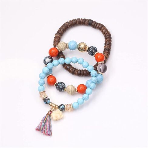 Caiyao Bohemian Stackable Wood Wooden Beads Elephant Charm Tassel Stretchy Bracelet Set for Women Men Girl Boy Teen Multilayered Multicolor Acrylic Resin Seeds Bracelet Ethnic Jewelry Gift in Saudi Arabia