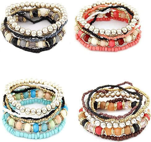 Caiyao Bohemian Stackable Wood Wooden Beads Elephant Charm Tassel Stretchy Bracelet Set for Women Men Girl Boy Teen Multilayered Multicolor Acrylic Resin Seeds Bracelet Ethnic Jewelry Gift in Saudi Arabia