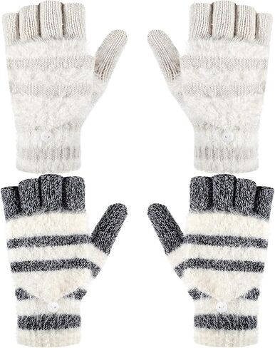 SATINIOR 2 Pairs Winter Knitted Fingerless Gloves Convertible Winter Gloves Warm Wool Mittens for Women and Men (Black, Beige) in Saudi Arabia
