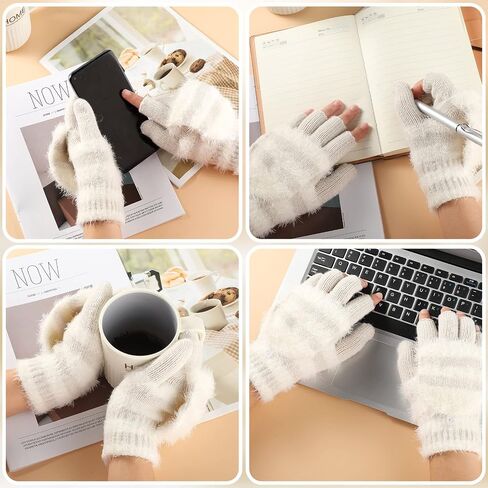 SATINIOR 2 Pairs Winter Knitted Fingerless Gloves Convertible Winter Gloves Warm Wool Mittens for Women and Men (Black, Beige) in Saudi Arabia