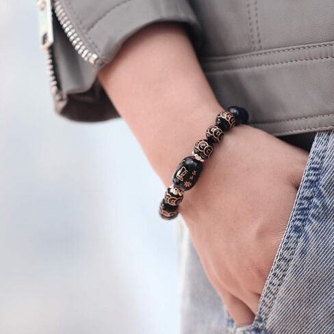 Jewever Feng Shui Bracelet Agate Tiger eye inscribed in Ancient Coin Pattern Porsperity 10mm Beads Elastic Attract Wealth and Good Luck in Saudi Arabia