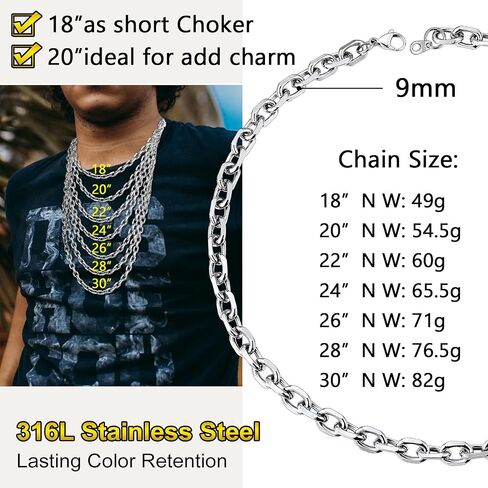 316L Stainless Steel Chain for Men/Women, Cable Link Necklace, 3/5/7/9/12MM Width, 18-30" (Send Gift Box) in Kuwait