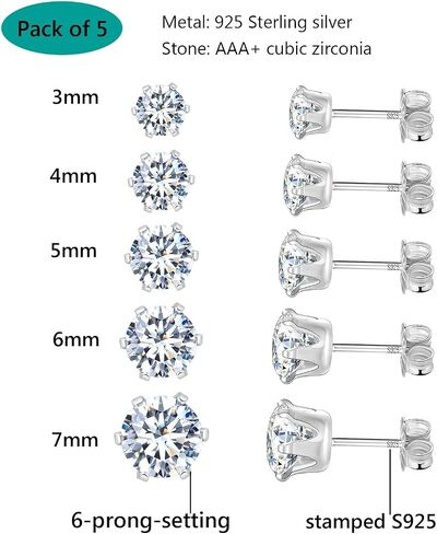 925 Sterling Silver Stud Earrings Set for Women Men Gemstone Small Multiple Ear Piercings Cartilage Helix Jewelry Hypoallergenic in Saudi Arabia