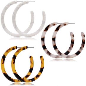 JSJOY أقراط حلقية من الأكريليك الراتنج خفيفة الوزن، أقراط بوهيمية صغيرة من الراتنج، أقراط أكريليك للنساء، لا تسبب الحساسية، أبيض، غلاف سلحفاة، ليوبارد، 3 أزواج in Kuwait