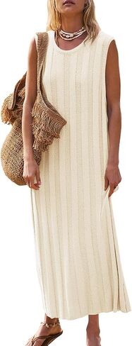 Fisoew Women's Summer Sleeveless Maxi Dress Scoop Neck Ribbed Knit Tank Top Dresses in Kuwait