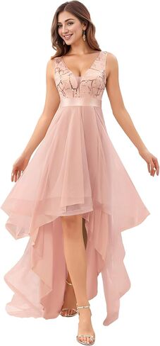 ALISA PAN Women's Sleeveless V-Neck Evening Dress Appliques Tulle High Low Bridesmaid Dresses 00793-AS in Saudi Arabia