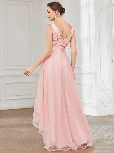 ALISA PAN Women's Sleeveless V-Neck Evening Dress Appliques Tulle High Low Bridesmaid Dresses 00793-AS in Saudi Arabia