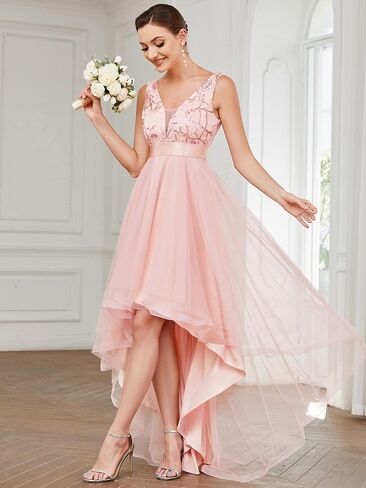 ALISA PAN Women's Sleeveless V-Neck Evening Dress Appliques Tulle High Low Bridesmaid Dresses 00793-AS in Saudi Arabia