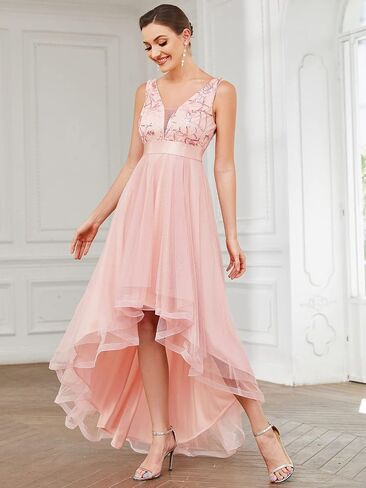 ALISA PAN Women's Sleeveless V-Neck Evening Dress Appliques Tulle High Low Bridesmaid Dresses 00793-AS in Saudi Arabia