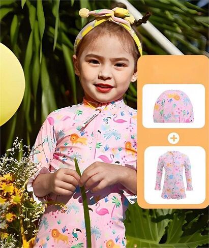 Amberetech Girls Bathing Suits UPF 50+ Rash Guard Kids Long Sleeve One Piece Swimsuits 3-8y in Kuwait