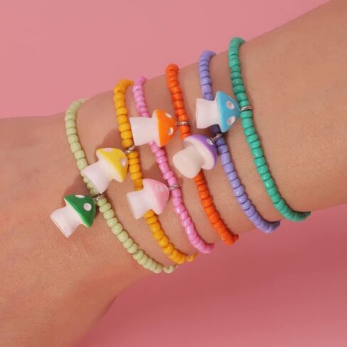 COLORFUL BLING 2-6Pcs Multilayer Cute Funny Mushroom Stretch Bracelet Sweet Pearl Beaded Fresh Foods Mushroom Wrap Bracelet for Women Girls Lovely Jewelry in Saudi Arabia