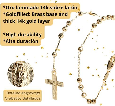 مسبحة فيرجن دي غوادالوبي مملوءة بالذهب، قلادة مسبحة من الذهب عيار 14 قيراط، مسبحة يسوع المسيح، مجوهرات مسبحة كاثوليكية دينية مكسيكية، سلسلة ذهبية صلبة عيار 14 قيراط، مسبحة صلاة in Kuwait