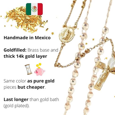 مسبحة فيرجن دي غوادالوبي مملوءة بالذهب، قلادة مسبحة من الذهب عيار 14 قيراط، مسبحة يسوع المسيح، مجوهرات مسبحة كاثوليكية دينية مكسيكية، سلسلة ذهبية صلبة عيار 14 قيراط، مسبحة صلاة in Kuwait