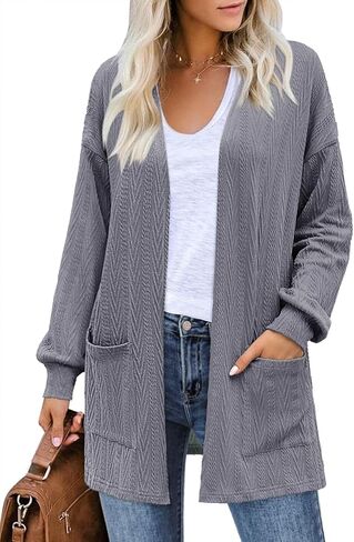 سترة نسائية طويلة الأكمام من Kikula سترة كاجوال مفتوحة من الأمام وخفيفة الوزن وفضفاضة in Kuwait