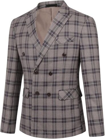Iynnijoy Mens Double Breasted Plaid Suit Slim Fit 2-Piece Formal Jacket Tux Pants for Prom Wedding Party in Kuwait