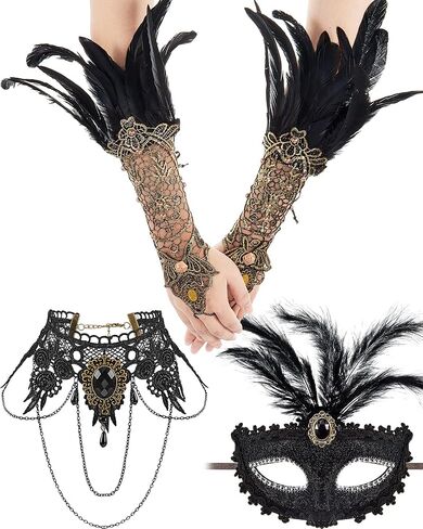 Halloween Masquerade Costume Set of 4, Women's Lace Long Gloves Stretch Wrist Cuffs Bracelets Gothic Black Lace Choker Necklace Feather Masquerade Mask Halloween Cosplay Jewelry Accessories in Saudi Arabia