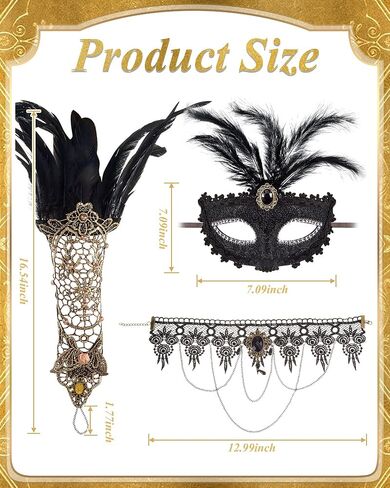 Halloween Masquerade Costume Set of 4, Women's Lace Long Gloves Stretch Wrist Cuffs Bracelets Gothic Black Lace Choker Necklace Feather Masquerade Mask Halloween Cosplay Jewelry Accessories in Saudi Arabia