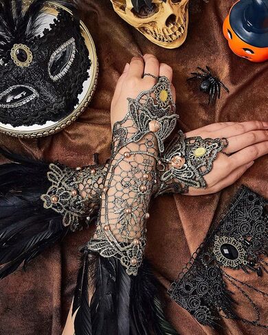 Halloween Masquerade Costume Set of 4, Women's Lace Long Gloves Stretch Wrist Cuffs Bracelets Gothic Black Lace Choker Necklace Feather Masquerade Mask Halloween Cosplay Jewelry Accessories in Saudi Arabia