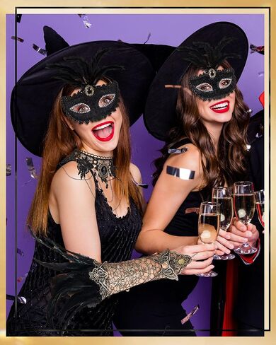 Halloween Masquerade Costume Set of 4, Women's Lace Long Gloves Stretch Wrist Cuffs Bracelets Gothic Black Lace Choker Necklace Feather Masquerade Mask Halloween Cosplay Jewelry Accessories in Saudi Arabia