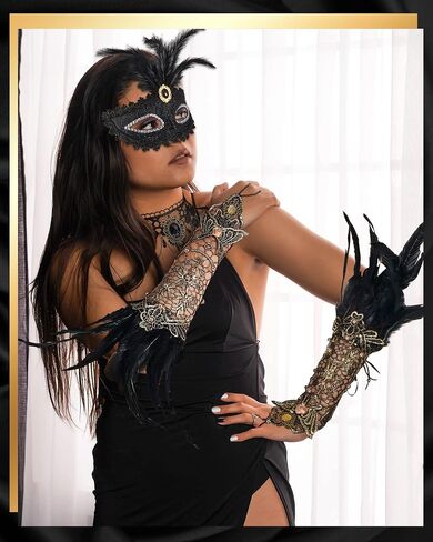 Halloween Masquerade Costume Set of 4, Women's Lace Long Gloves Stretch Wrist Cuffs Bracelets Gothic Black Lace Choker Necklace Feather Masquerade Mask Halloween Cosplay Jewelry Accessories in Saudi Arabia