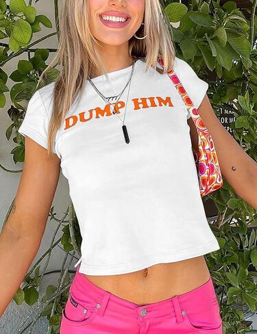 MISSACTIVER Women’s Dump Him Letter Print Crop T-Shirt Streetwear O-Neck Short Sleeve Crop Tops 2000s Aesthetics in Kuwait