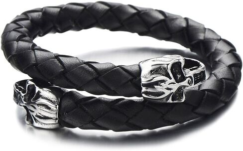 COOLSTEELANDBEYOND Elastic Adjustable Men's Braided Leather Wrap Bracelet Wristband with Steel Skull Silver Black in Saudi Arabia