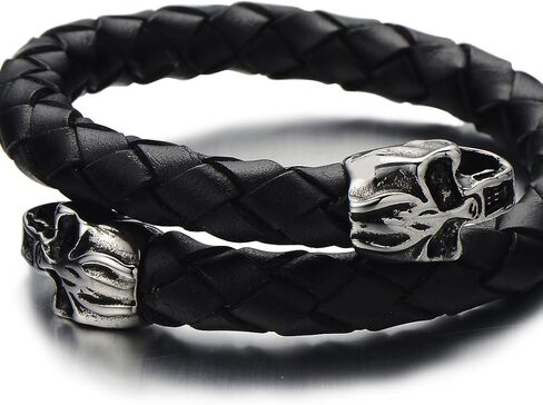 COOLSTEELANDBEYOND Elastic Adjustable Men's Braided Leather Wrap Bracelet Wristband with Steel Skull Silver Black in Saudi Arabia