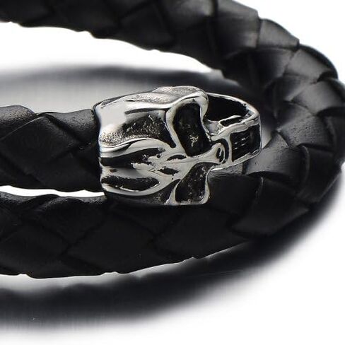 COOLSTEELANDBEYOND Elastic Adjustable Men's Braided Leather Wrap Bracelet Wristband with Steel Skull Silver Black in Saudi Arabia