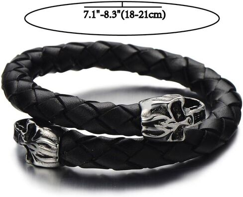 COOLSTEELANDBEYOND Elastic Adjustable Men's Braided Leather Wrap Bracelet Wristband with Steel Skull Silver Black in Saudi Arabia