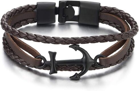 COOLSTEELANDBEYOND Black Marine Anchor Brown Braided Leather Bangle Bracelet Men Women, Three-Row Wristband in Saudi Arabia