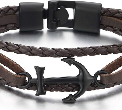 COOLSTEELANDBEYOND Black Marine Anchor Brown Braided Leather Bangle Bracelet Men Women, Three-Row Wristband in Saudi Arabia