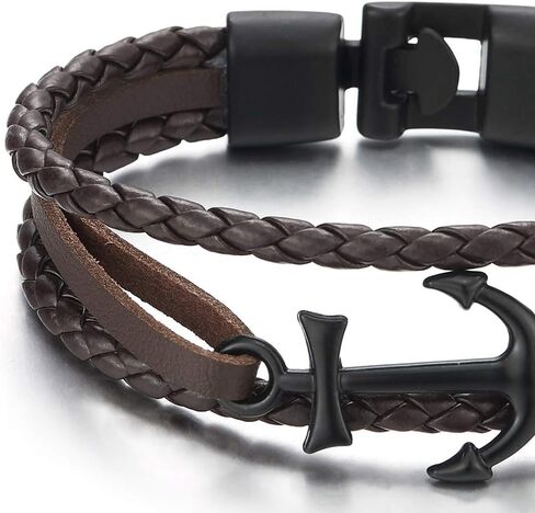 COOLSTEELANDBEYOND Black Marine Anchor Brown Braided Leather Bangle Bracelet Men Women, Three-Row Wristband in Saudi Arabia