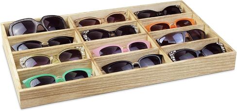 MOOCA Open Top Eyeglass and Sunglasses Storage Wood Case with 12 Compartments - Ideal for Small to Medium Eyewear and Jewelry, Oak Color in Saudi Arabia