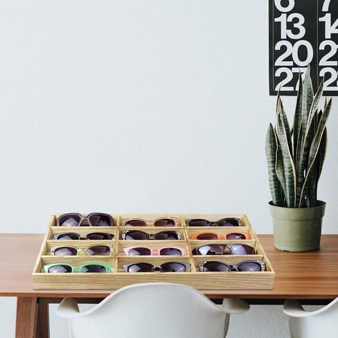 MOOCA Open Top Eyeglass and Sunglasses Storage Wood Case with 12 Compartments - Ideal for Small to Medium Eyewear and Jewelry, Oak Color in Saudi Arabia