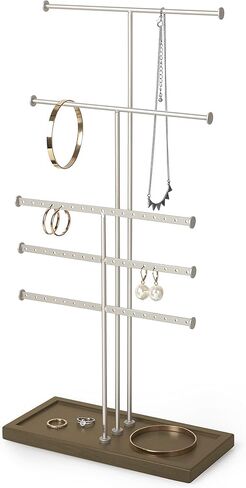 Umbra Trigem Tiered Tabletop Jewelry Organizer Freestanding Hanging Necklace, Earring and Bracelet Display, 5, White/Nickel in Saudi Arabia