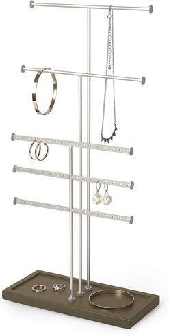 Umbra Trigem Tiered Tabletop Jewelry Organizer Freestanding Hanging Necklace, Earring and Bracelet Display, 5, White/Nickel in Saudi Arabia