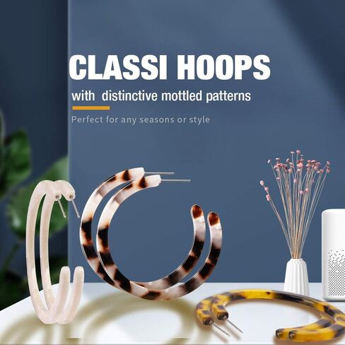 JSJOY أقراط حلقية من الأكريليك الراتنج خفيفة الوزن، أقراط بوهيمية صغيرة من الراتنج، أقراط أكريليك للنساء، لا تسبب الحساسية، أبيض، غلاف سلحفاة، ليوبارد، 3 أزواج in Kuwait