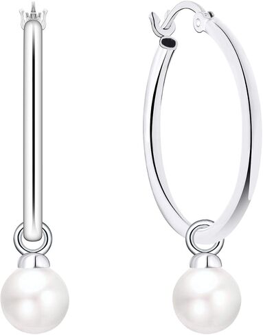 JO WISDOM 925 Sterling Silver Hoop Earrings with Simulated Danlge Pearl(white/Black) in Saudi Arabia