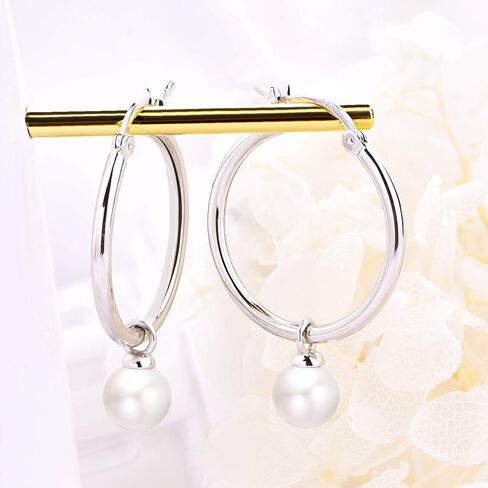 JO WISDOM 925 Sterling Silver Hoop Earrings with Simulated Danlge Pearl(white/Black) in Saudi Arabia