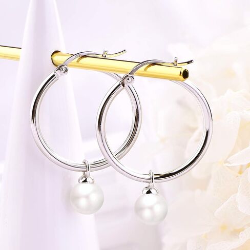 JO WISDOM 925 Sterling Silver Hoop Earrings with Simulated Danlge Pearl(white/Black) in Saudi Arabia