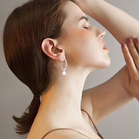 JO WISDOM 925 Sterling Silver Hoop Earrings with Simulated Danlge Pearl(white/Black) in Saudi Arabia
