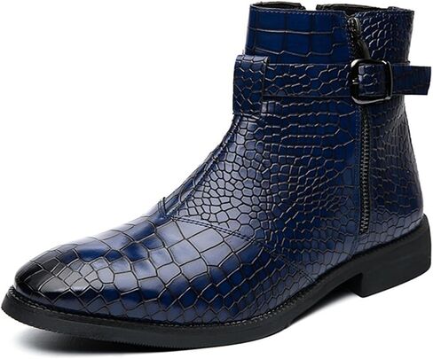 Yuizko Men'S Crocodile Print Leather Side Zipper Chelsea Ankle Boots Fashion Low-Heels Pointed Toe Buckle Casual Dress Short Booties in Kuwait