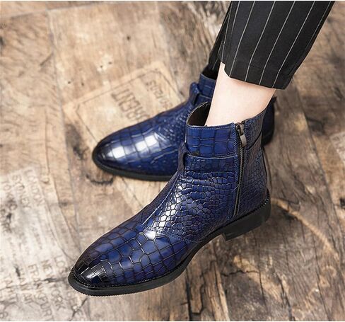 Yuizko Men'S Crocodile Print Leather Side Zipper Chelsea Ankle Boots Fashion Low-Heels Pointed Toe Buckle Casual Dress Short Booties in Kuwait