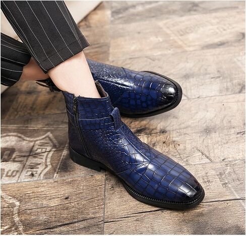 Yuizko Men'S Crocodile Print Leather Side Zipper Chelsea Ankle Boots Fashion Low-Heels Pointed Toe Buckle Casual Dress Short Booties in Kuwait