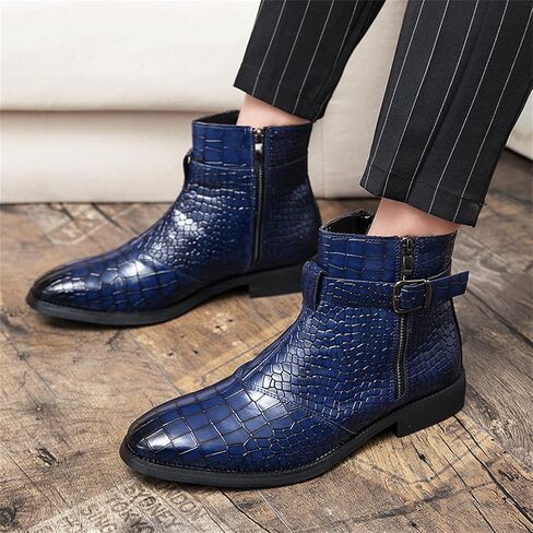 Yuizko Men'S Crocodile Print Leather Side Zipper Chelsea Ankle Boots Fashion Low-Heels Pointed Toe Buckle Casual Dress Short Booties in Kuwait