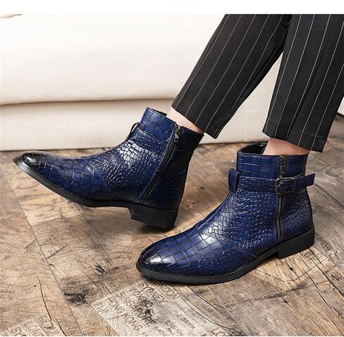 Yuizko Men'S Crocodile Print Leather Side Zipper Chelsea Ankle Boots Fashion Low-Heels Pointed Toe Buckle Casual Dress Short Booties in Kuwait