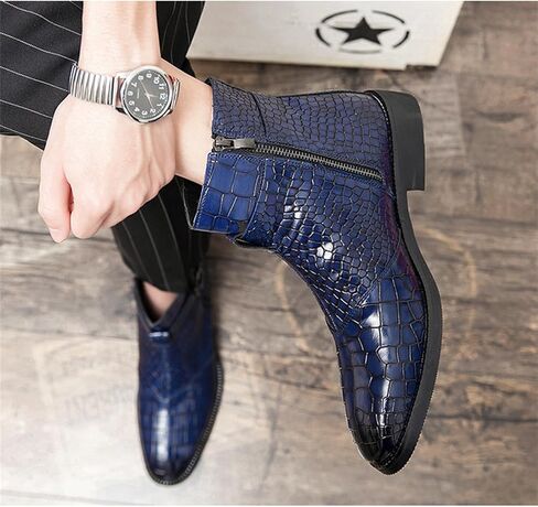 Yuizko Men'S Crocodile Print Leather Side Zipper Chelsea Ankle Boots Fashion Low-Heels Pointed Toe Buckle Casual Dress Short Booties in Kuwait