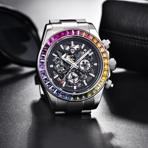 باجاني ديزاين ساعات رجالية فاخرة ساعات أوتوماتيكية 40 ملم زجاج ياقوتي ستانلس ستيل ساعة معصم للرجال تاريخ الأسبوع in Kuwait